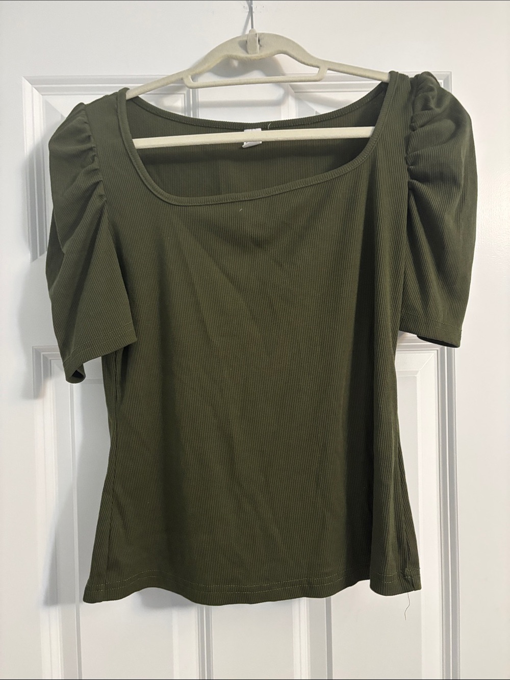 Olive Puff Sleeve Ribbed Square Neck Top